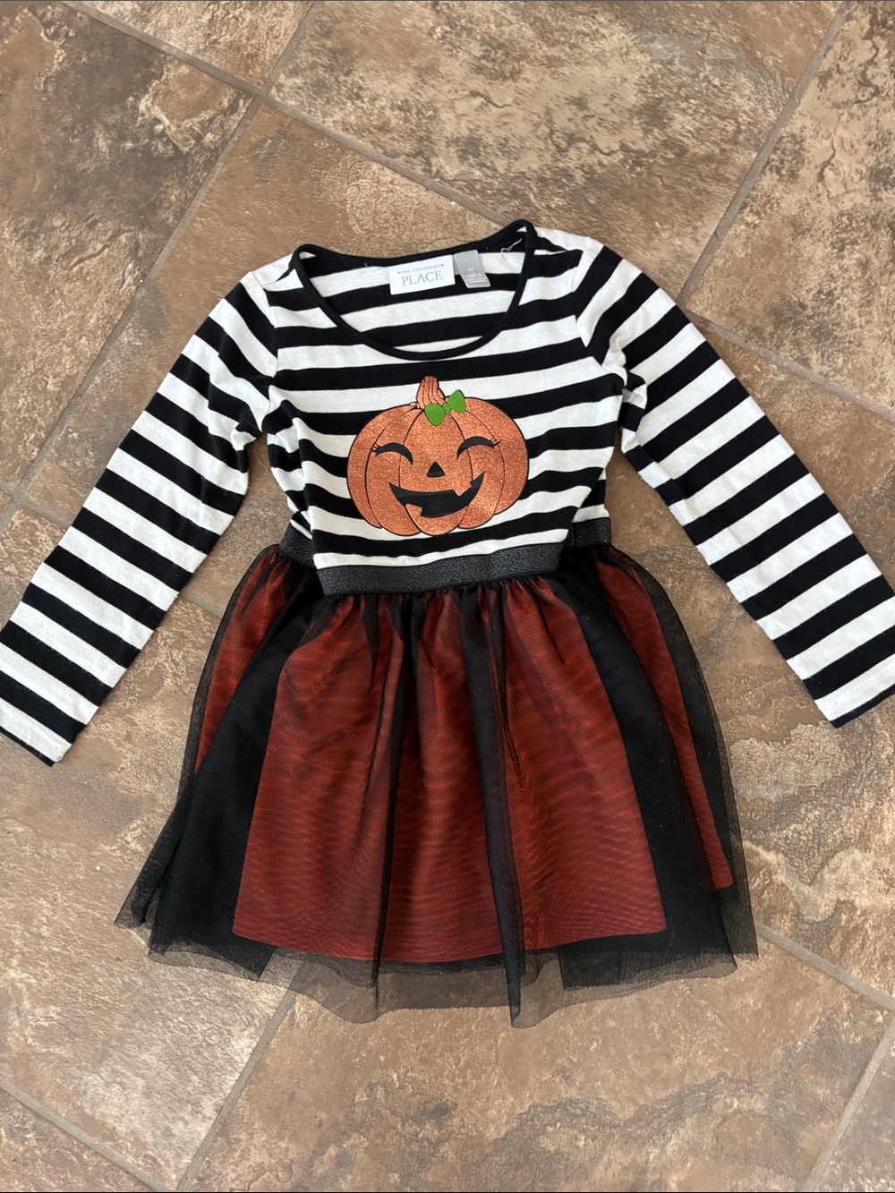 The Children's Place Black & White Striped Pumpkin Tutu Dress with Orange Skirt